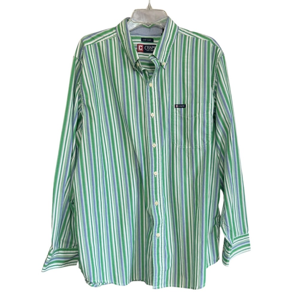 Chaps Mens XL Easy Care Striped Button Down Shirt Green Blue White Long Sleeve